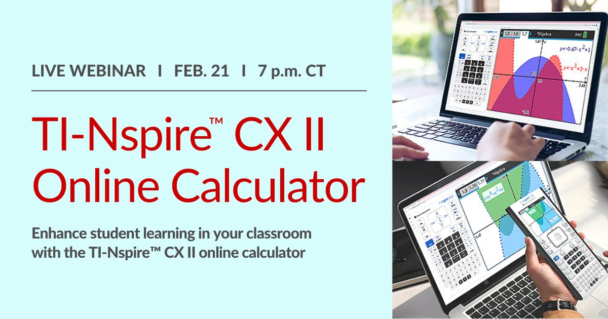 TICalculators's tweet image. 🔎 Explore the new TI-Nspire™ CX II online calculator and how to bring its powerful interactivity to any PC, Mac®, or Chromebook™ notebook computer. 💻 

✅ Sign up for our LIVE WEBINAR this Tuesday night: bit.ly/3YYrgAU
