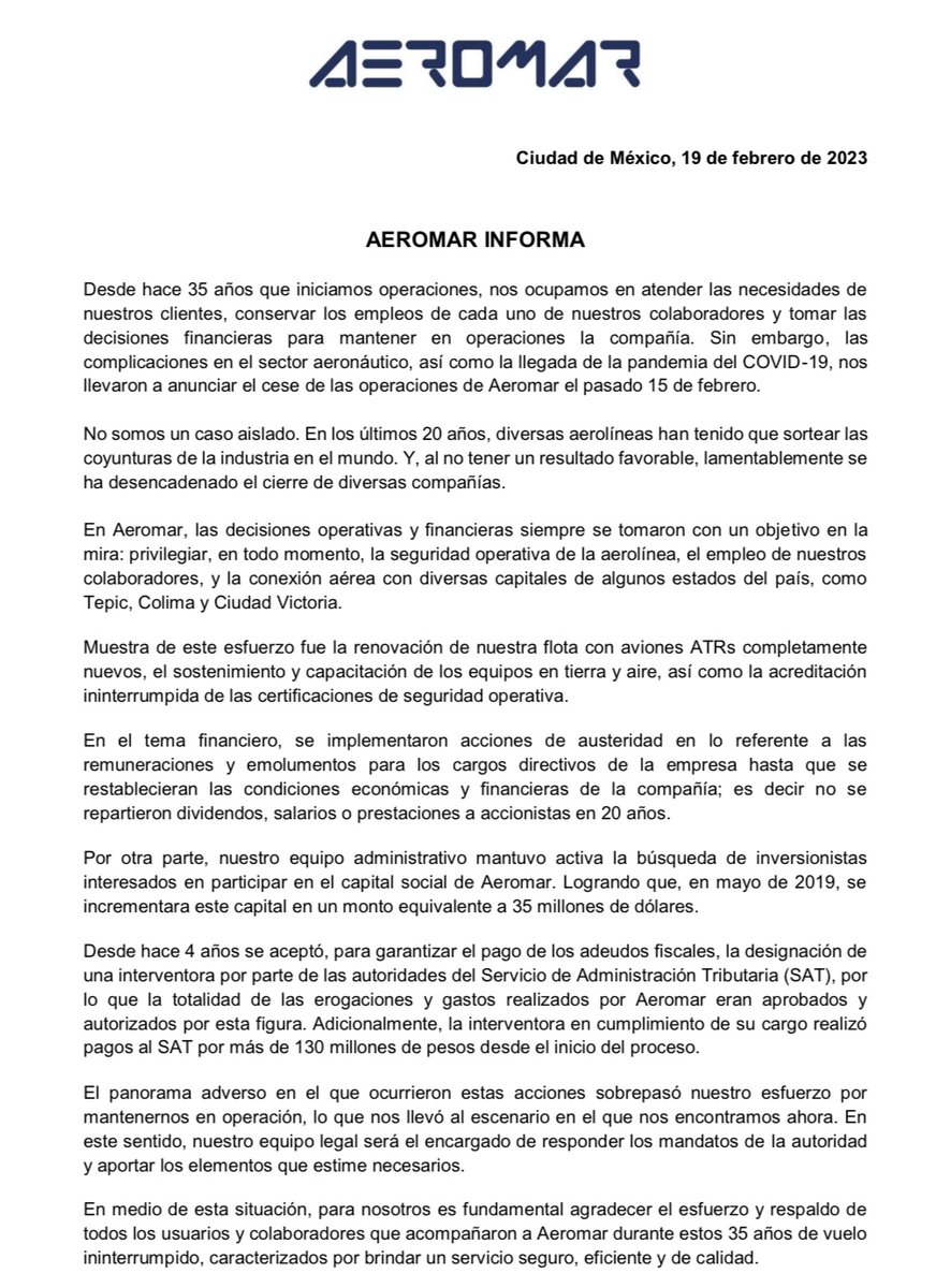 Aeromar informa