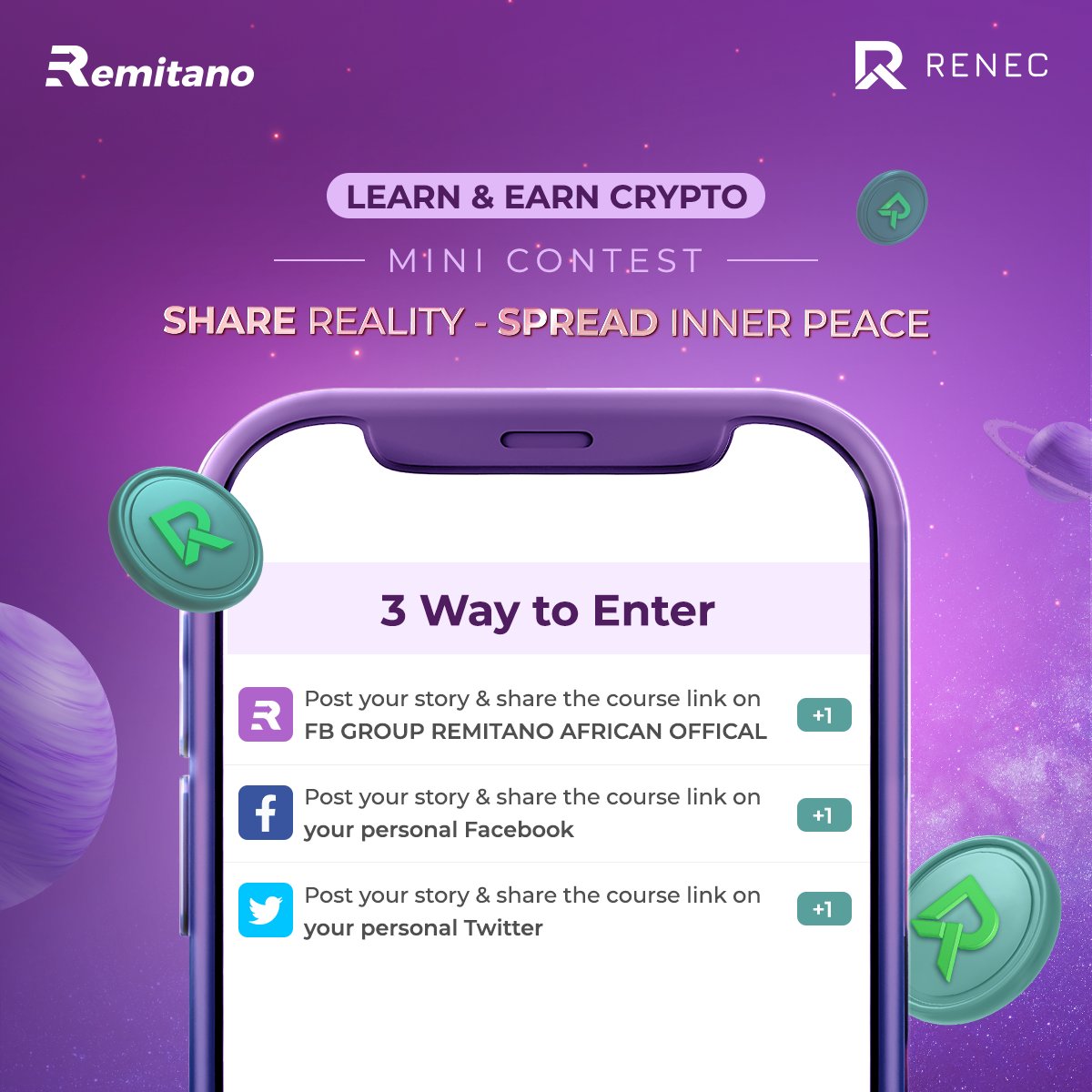 remitano's tweet photo. Join #Remitano's #MiniContest: #ShareReality #SpreadInnerPeace and win a share of 200 #RENEC! By sharing the valuable knowledge from our course, you'll earn rewards and create your merit and blessings.
👇👇👇
https://t.co/67Ul7bpplJ https://t.co/UFi1tbTZoq