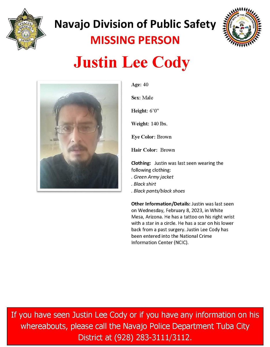Navajo Police Department on Twitter "MISSING PERSON ALERT TUBA CITY