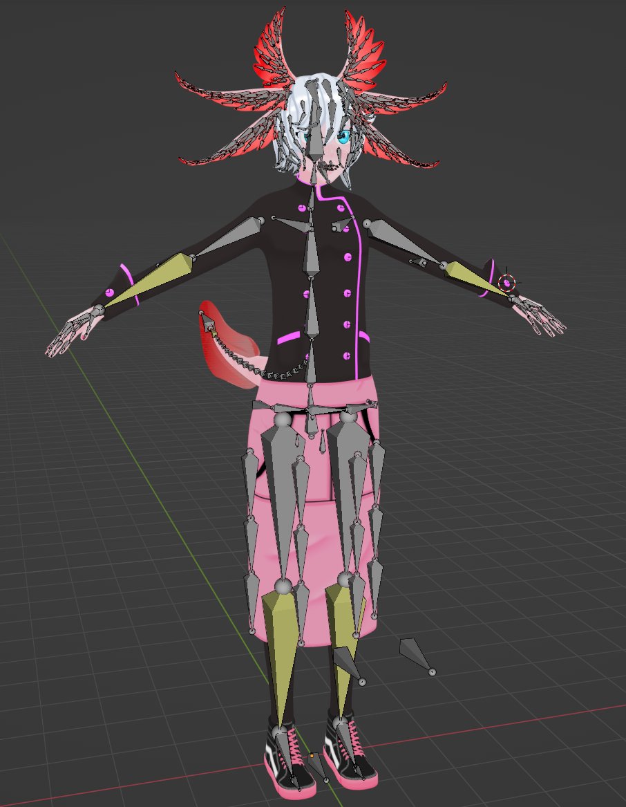 Think I'm calling the rigging done for now. 533 bones, mostly in the gills, bones for unity collisons, and a simple IK for some animations. Custom bone shapes....nahhhh. Need to move onto more things! #blender3d #blender #3Drigging #vtuber #vtubemodel