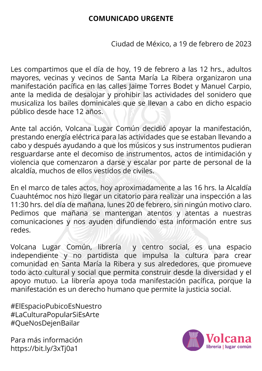 COMUNICADO URGENTE: 

Dados los hechos ocurridos el día de hoy en la Santa María la Ribera, la Alcaldía Cuauhtémoc nos hizo llegar un citatorio para realizar una inspección a las 11:30 hrs. del día de mañana, lunes 20 de febrero. 
Agradecemos su difusión.