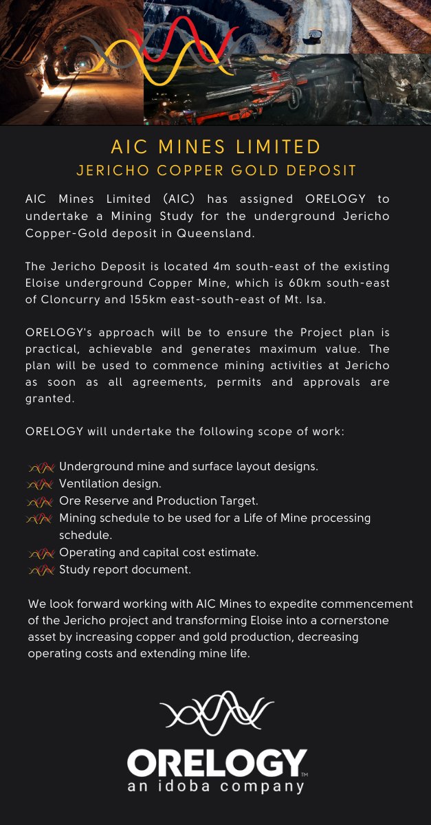 orelogy's tweet photo. @orelogy is pleased to announce that @AIC_Mines has assigned our team to undertake a Mining Study for the Jericho Copper Gold deposit in Queensland. https://t.co/maacybJeyP
