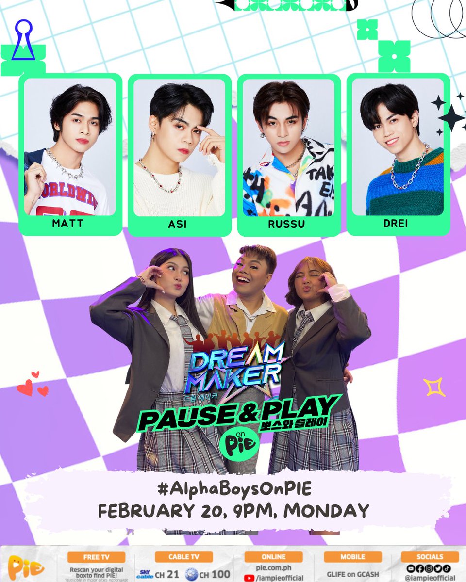 iampieofficial's tweet image. Siguradong Happy ang Monday natin dahil makakasama natin ngayong gabi sina Dream Chaser Asi, Drei, Matt, at Russu sa Dream Maker Pause and Play hosted by Jhai Ho, Sela Guia, at Gabb Skribikin! See you later at 9pm sa PIE Channel!!

#AlphaBoysOnPIE
