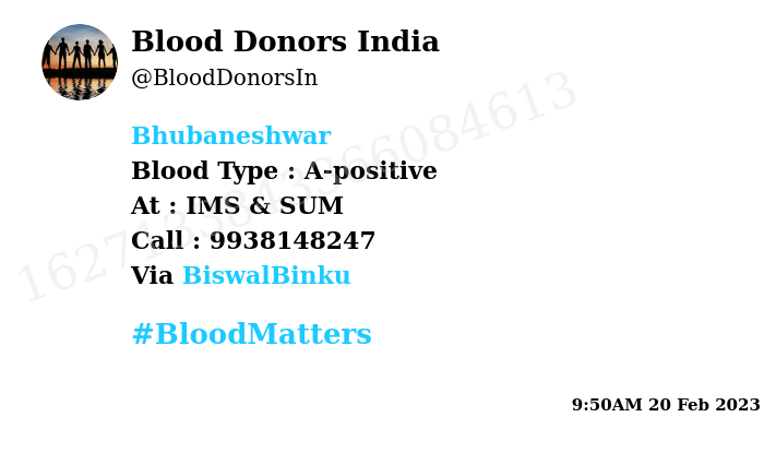 #SOS
#Bhubaneshwar
Need #Blood Type :  A-positive
Blood Component : PRBC
Number of Units : 2
Primary Number : 9938148247
Patient : Jyortimayee Mohanty
Via: <a href="/BiswalBinku/">Binku Biswal</a>
#BloodMatters
