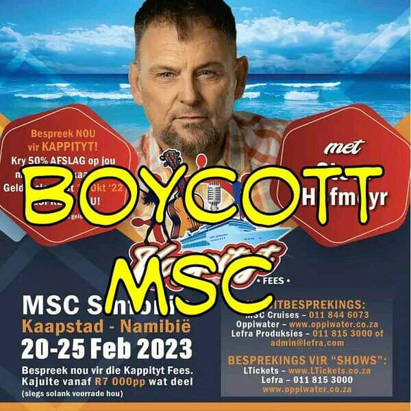cornedupreez1's tweet photo. Ons in ๐ฟ๐ฆ staan agter @steve_hofmeyr voluit!!! #NoToMSCCruises #BoycottMSC @MSCcruisesSA https://t.co/SQ2ouMcbb5