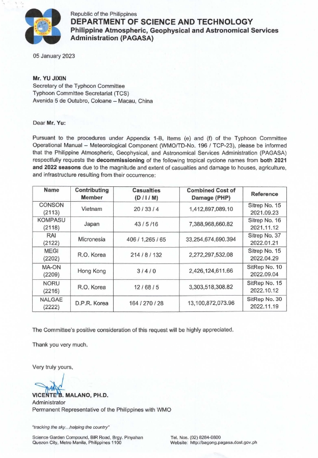 xiaoqianWX's tweet photo. PAGASA just requested decommissioning and replacing the name #Noru and #Nalgae . 
Noru made an intense landfall in the Luzon, while Nalgae flooded large parts of the Philippines, causing 164 fatalities. https://t.co/Q7Q431OIpu