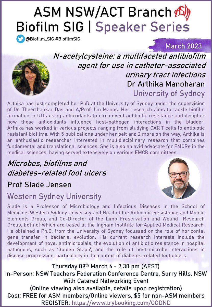 Welcome back to 2023!

The #BiofilmSIG is kicking off the year with the March Speaker Series ft talks by <a href="/Arthiii_M/">Arthika Manoharan</a> and Prof Slade Jensen!

🧫 Thursday 9th March, 6-7:30pm
🧫 In-person at Teachers Fed, Surry Hills OR Online viewing available 
🧫 Register: trybooking.com/CGDND