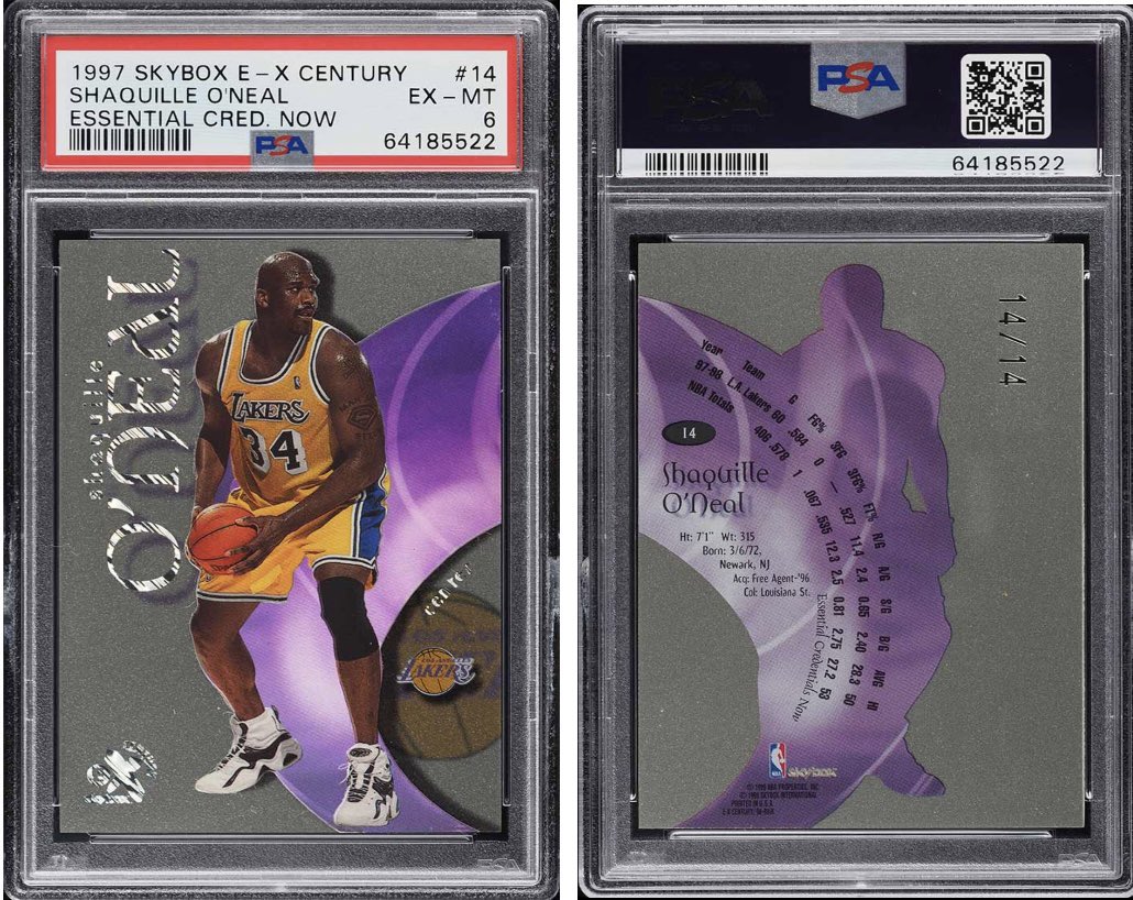 BrentWeyer's tweet photo. Tonightโs Big PWCC pickup
1998 Skybox E-X Century Essential Credentials Shaquille OโNeal 14/14 Pop 1 only 1 higher. #pwcc #shaq #essentialcredentials #skybox #whodoyoucollect #sportscards #lakers https://t.co/xJ3cpfAHBQ