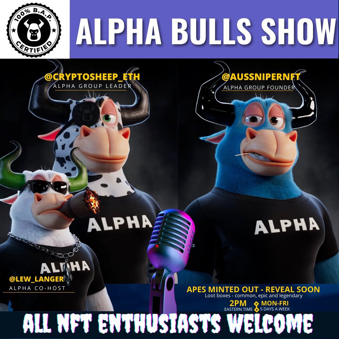 <a href="/GTN_VE/">GTN</a> <a href="/JARS_NFT/">Jars</a> <a href="/WildGoatGangNFT/">Wild Goat Gang</a> <a href="/BullsApesProj/">Bulls and Apes Project</a> Can’t wait to learn more about the wildgoats! Any chance they want to join our Daily Alpha Show? 🍀🤝🏼

Every day same time 2PM EST. 

<a href="/AusSniperNFT/">Marcus</a> <a href="/slim_cognito69/">𝖂𝖎𝖓𝖍𝖆𝖓</a>