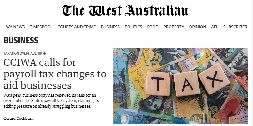 ThomasRayAdolph's tweet photo. Leading the @westaustralian Business Section today, @CCI_WA calls to ease WA's tax on jobs.

Alongside recommendations for a more diverse &amp; competitive economy, @CCI_WA launched a digital tool to show WA businesses how much more they pay than other States

https://t.co/CwKywN9Ii2 https://t.co/tnojtdMnRA