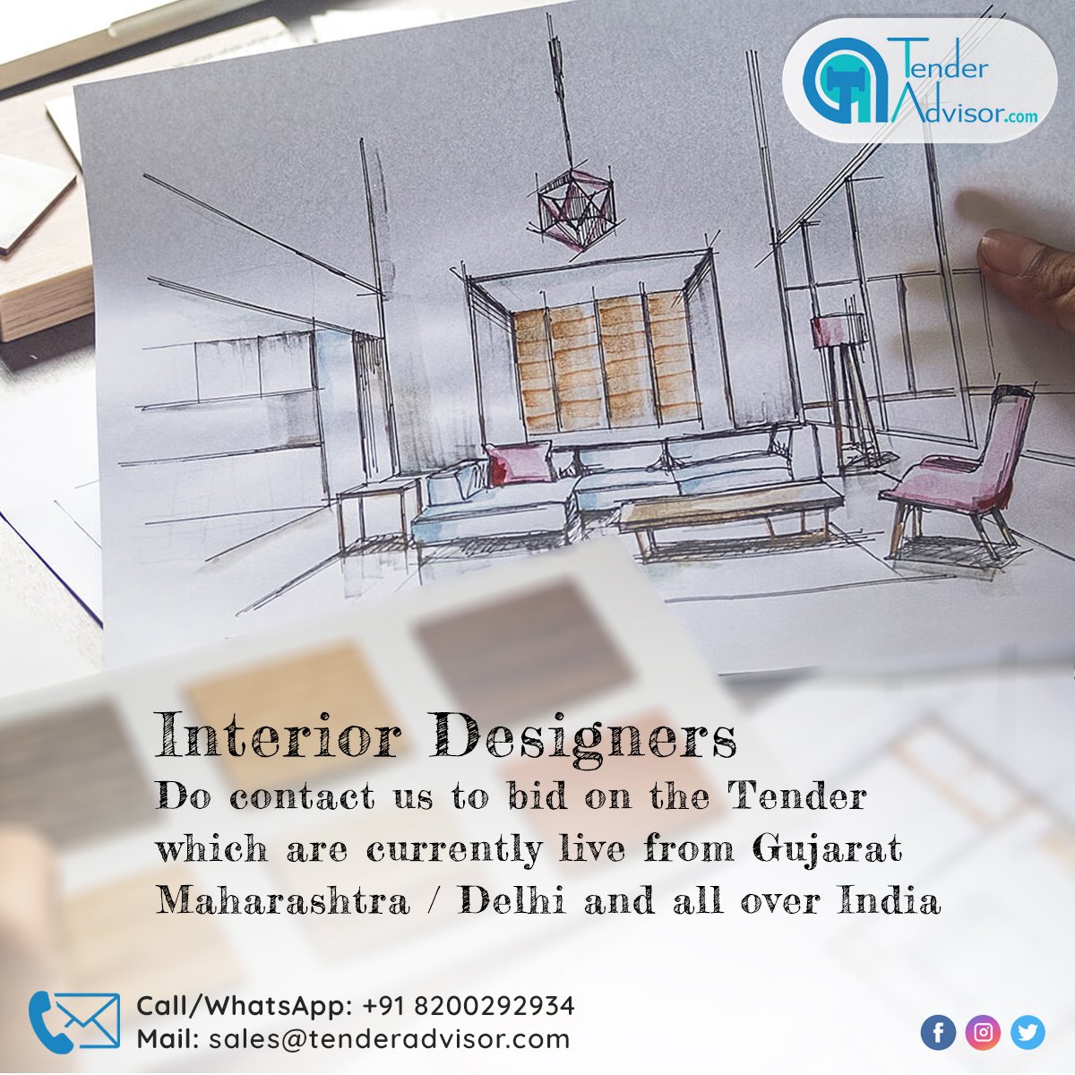advisor_tender's tweet photo. Interior Designers
Do contact us to bid on the Tender which are currently live from Gujarat / Maharashtra / Delhi and all over India
Do Contact/Whatsapp on +91 6358864196
https://t.co/IBElJWNdzt
#tenderadvisor #InteriorDesigners #interiordecor #interiorworks #interior #interior https://t.co/N53F0923vy
