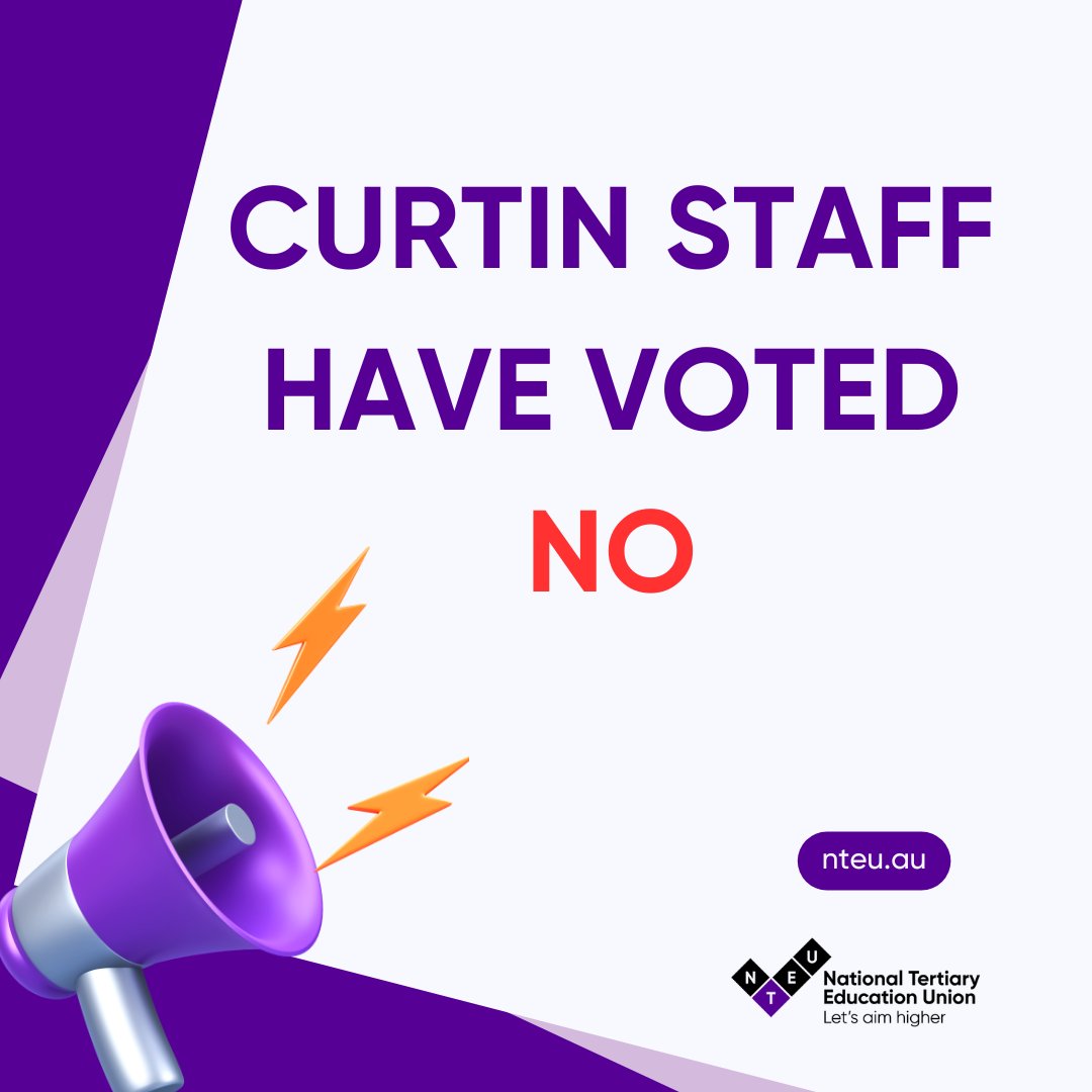 NTEUnion's tweet photo. UNION WIN: The majority of staff at Curtin have rejected senior management's proposed enterprise agreement! 

It's been made clear that workers want and deserve fair pay, safe workloads and secure jobs, now. https://t.co/mArW1YFWAM