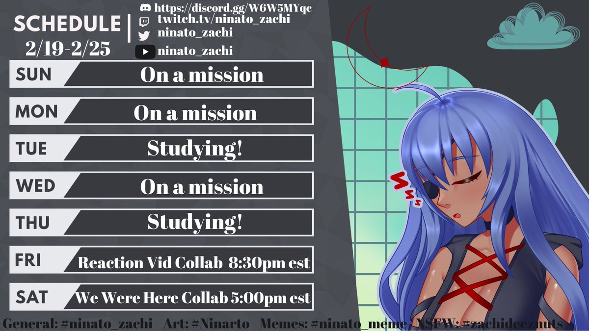 Ninato_Zachi's tweet photo. Here's this week's streaming schedule!

🎨: @Kodyparbs 

#Ninarto #VTubersAreStillWatching #Vtubers #VtubersUprising #VAidoru https://t.co/UMrEo2CiQU