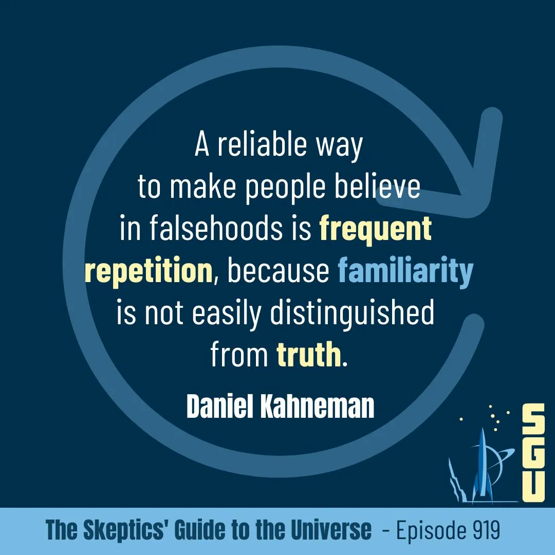 SkepticsGuide's tweet image. This week's quote is from Daniel Kahneman:
"A reliable way to make people believe in falsehoods is frequent repetition, because familiarity is not easily distinguished from truth."