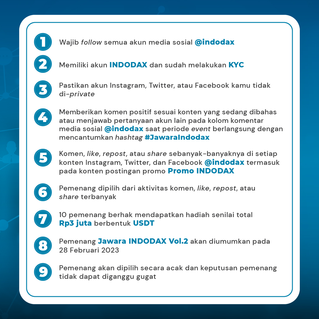 INDODAX balik nyari Jawara lagi!
Cuma modal jempol doang kamu bisa dapet hadiah total Rp3 juta berbentuk USDT, loh!

Tulis komentar positif kamu, like &amp; repost konten INDODAX di Facebook, Instagram, atau Twitter sesering mungkin. Swipe left buat tahu lebih lengkap

#JawaraINDODAX