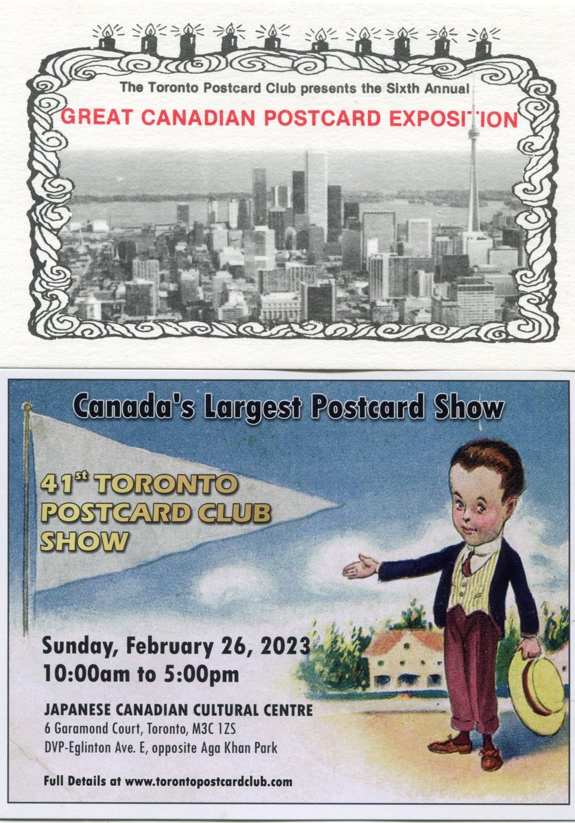 The Toronto Postcard Club's 41st postcard sale is just a week away. Hope to see some of you there! Here's the current show card *and* the card for the TPC's 1987 show - the first one I could have gone to as a (then) new Torontonian, had I known about it or cared about postcards.