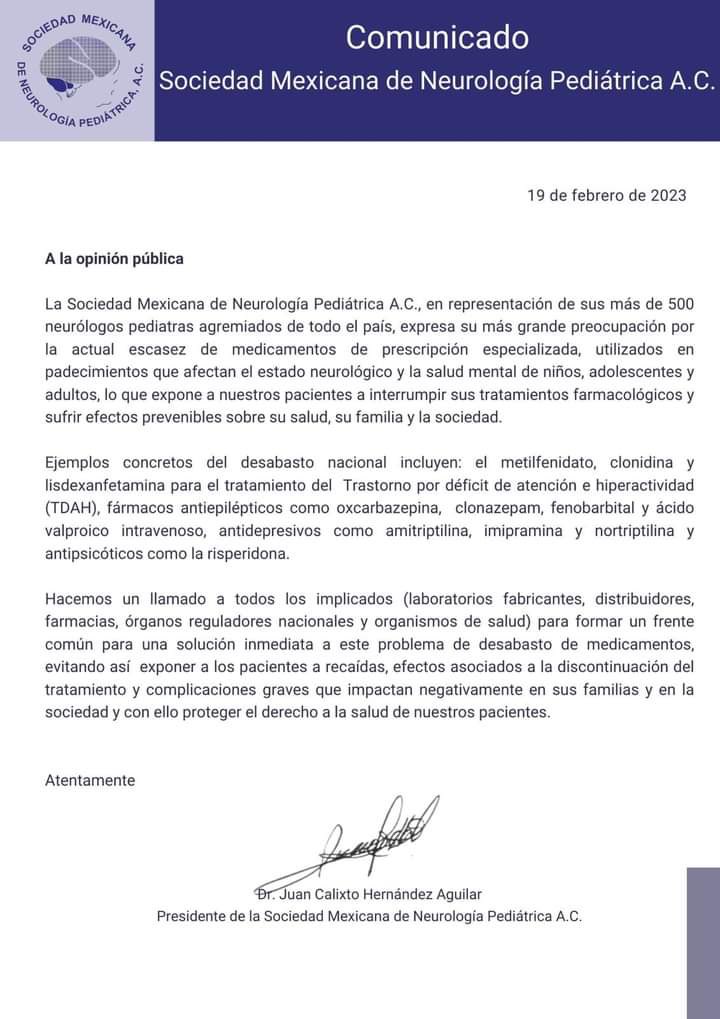 alejandraguayoa's tweet photo. “La Sociedad Mexicana de Neurología Pediátrica A.C., en representación de sus más de 500 neurólogos pediatras agremiados de todo el país, expresa su más grande preocupación por la actual escasez de medicamentos…” https://t.co/dXmtP8f13Z