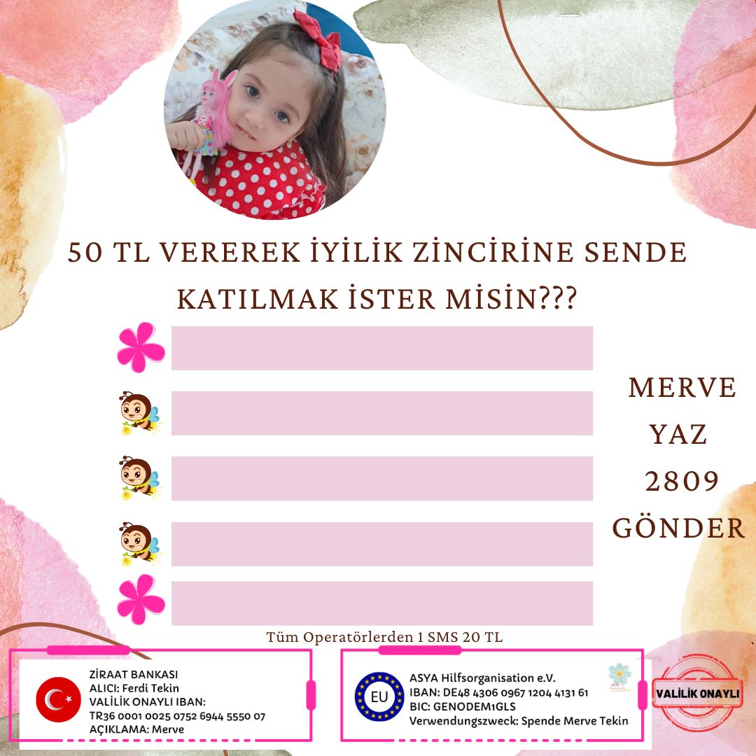 Bu gün Merve’miz için ayırabilecek 50 TL’niz var mı? Sizin 50 liranızda Merve’nin hayalleri saklı.. Umudumuza ortak olup güzel kızımız için bağışta bulunmanız çok kıymetli. Lütfen bizi görmezden gelmeyin, siz olmadan başaramayız.

Bağış için taplink 👇🏽💛
taplink.cc/smamerveyeumut…