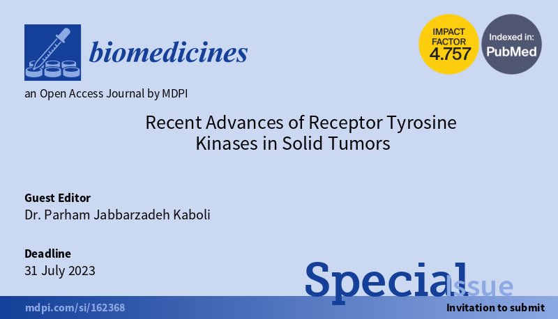 PKaboli's tweet photo. 📢CALL FOR PAPERS!! 
@Biomed_MDPI
 
🧫🧬Recent Advances of Receptor Tyrosine Kinases in Solid Tumors 🩻

Editors: 
@PKaboli 

Submit your abstract to this Special Issue!

More details ➡️➡️➡️ https://t.co/PGA3OnPeAc 

#Cancer #aacr #CancerResearch #breastcancer 

PLEASE RT‼️ https://t.co/JUmqFZ69Q7