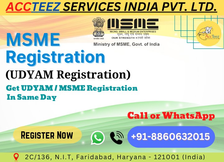 For UDYAM / MSME Registration at Best Price, Please Call or WhatsApp: +91-8860632015
#msme #business #GST #SmallBusiness #india #startup #businessowners #trademark #tax #entrepreneur #msmeindia #IncomeTax #Accounting #faridabad #noida #haryana #delhi #itr #partnership #iso #iec