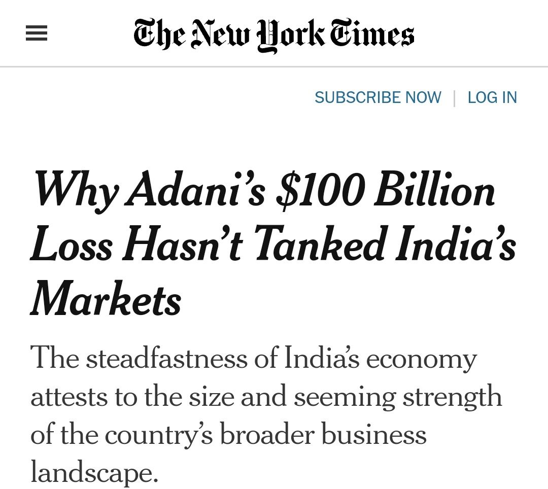 MrSinha_'s tweet image. #SorosDrivesHindenburg
Nothing can be a better proof than this headline, just see how frustrated NYtimes looks. They thought the Indian economy would fall with Adani.