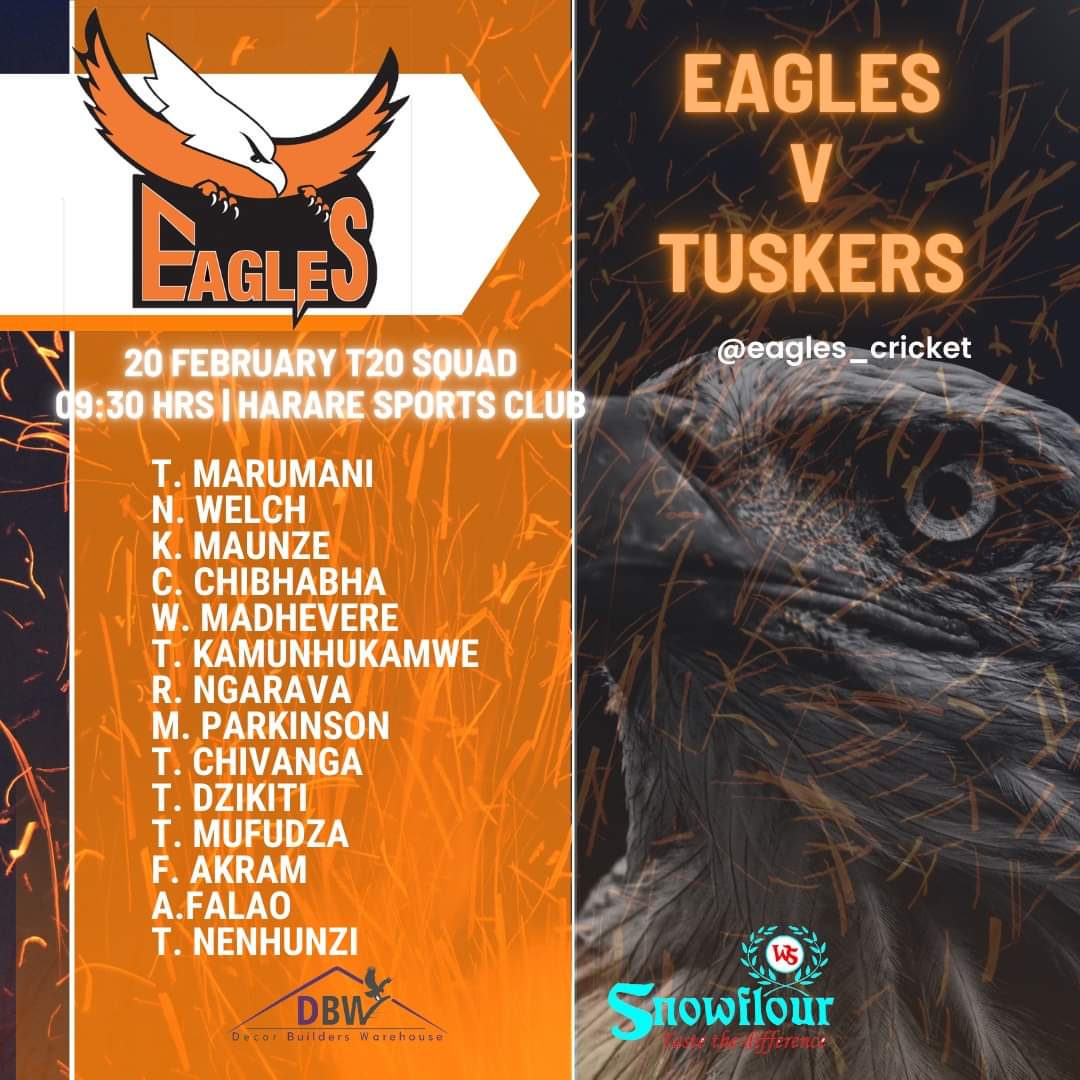 #SupportTheEagles here is our squad for today's opening match of the <a href="/ZimCricketv/">Zimbabwe Cricket</a> domestic T20. We face the Tuskers at 09:30 hrs at Harare Sports Club

Its free entry for all, come witness some explosive cricket powered by <a href="/DbwZim/">DECOR BUILDERS WAREHOUSE</a>