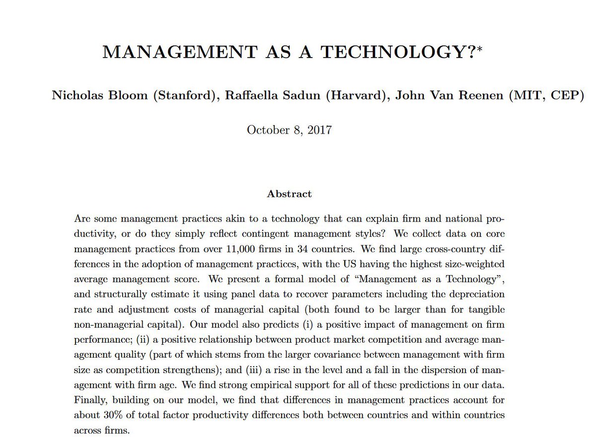 The most overlooked technology for raising productivity might be “good management.”

It is a key source of US business success. 11,000 interviews in 34 countries shows that over 30% of the productivity advantage of US firms comes from better management. hbs.edu/ris/Publicatio…