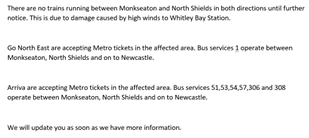 My_Metro's tweet photo. Service Suspended from Monkseaton to North Shields. Metro tickets are accepted on local bus services. https://t.co/7zmkHjbsxD