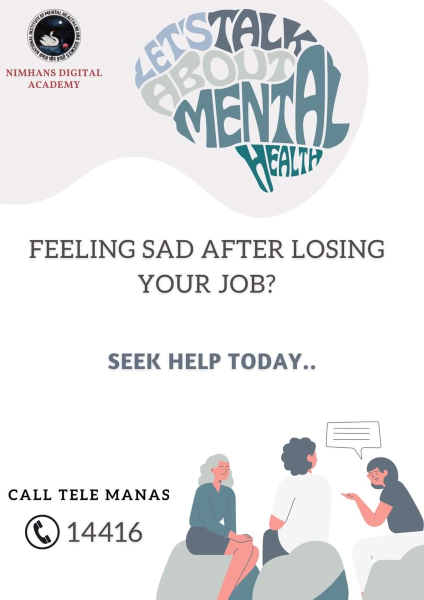 ndanimhans's tweet photo. ➡ Losing a job can significantly impact mental health, causing anxiety, depression, and a loss of self-worth         
➡ Seeking support and prioritising self-care is crucial. 
👉 Call Tele MANAS (Toll-free number): 14416
#seekhelp #mentalhealthawareness #Jobs @MoHFW_INDIA https://t.co/YzVmmEy3Wa