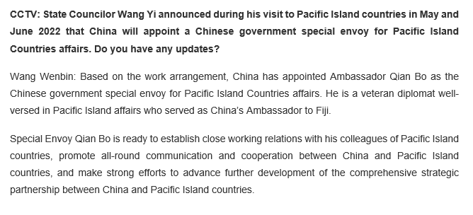 stephendziedzic's tweet photo. Whole lot of things I missed while sick. This is interesting. China has (finally) announced its Special Envoy for the Pacific. Qian Bo - who until recently was China's Ambassador to Fiji - will take up the position https://t.co/8NUG346t3L