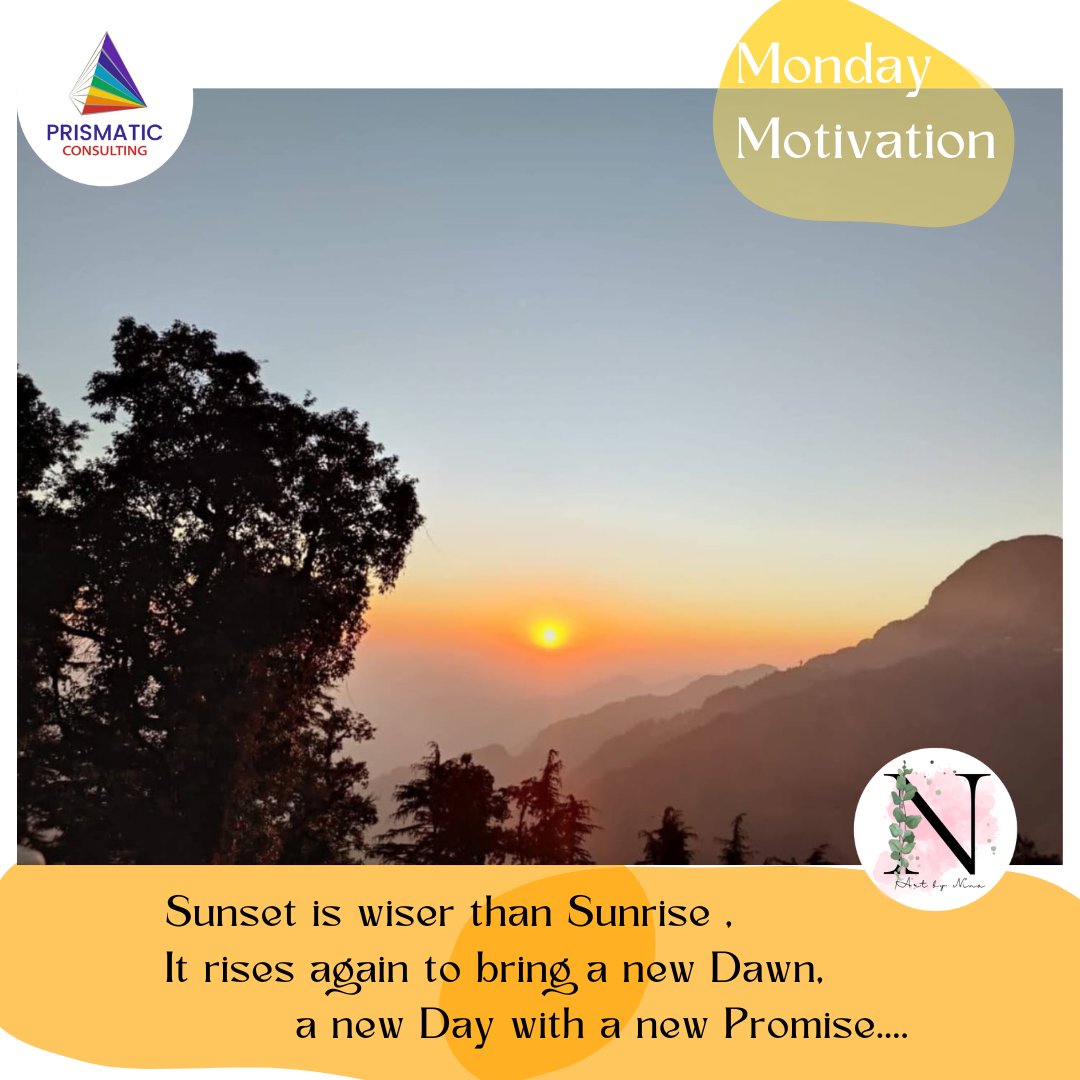 PrismatiConsult's tweet photo. Start your week on a positive note with Monday Motivation from Nina Mallick
As the day comes to a close, there's something magical about watching the sunset.
https://t.co/W7eYt3d0st
#MondayMotivation #NewBeginnings #SunsetWisdom #successmindset #goalsetting2023 #WUS2023 https://t.co/eAQ2HOKwZm