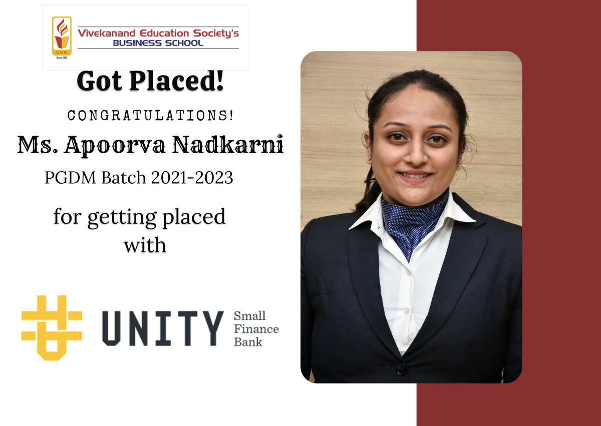 vbs_mumbai's tweet image. Success Story!!

VBS enthusiastically congratulates Ms. Apoorva Nadkarni (Batch 2021-23) for her placement with 'Unity Small Finance Bank'
Best Wishes for a Happy and Successful future.
#VBS #vbsplacements #PGDMplacements #placements2023
#MBA #MBAplacements #vivekanandcollege