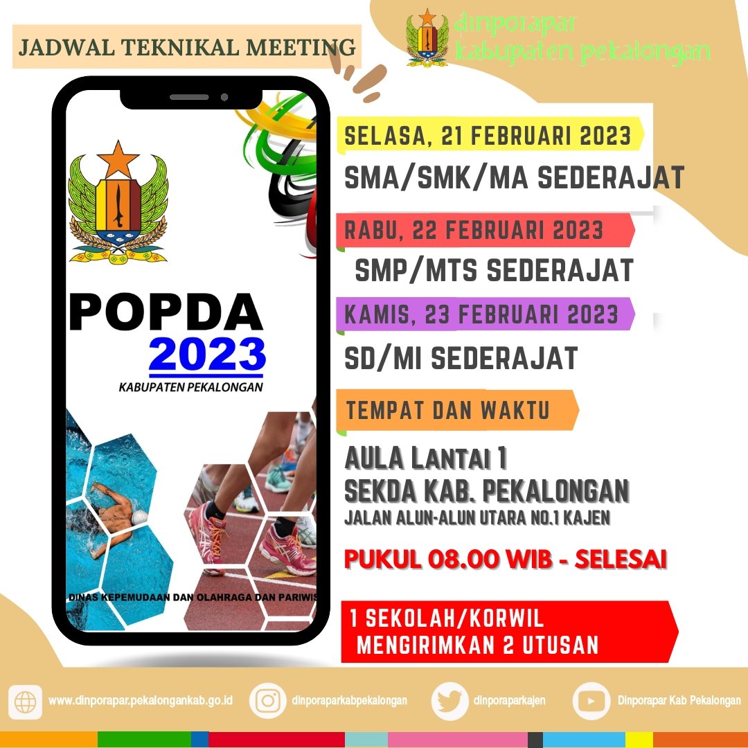 Teruntuk para POPDERS, silahkan bisa di simak pengumuman schedule kegiatan POPDA tahun 2023 pada gambar timeline ini. 
Salam olahraga ✋
<a href="/Pemkab_Pkl/">Kabupaten Pekalongan</a> 
<a href="/KOMINFO_KAJEN/">Dinas Kominfo Kab. Pekalongan</a>