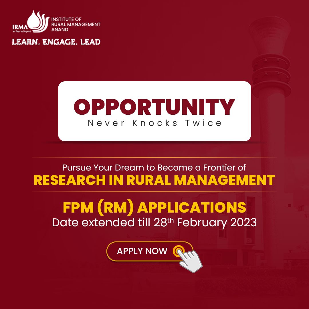 Irmaadmissions's tweet photo. For passionate research scholars, this program offers an opportunity to develop the skills and knowledge needed to create positive social change in underserved segments of rural India. Applications extended till 28th February 2023, apply here: https://t.co/DbjikTw5BQ

#IRMA https://t.co/NCyX6mv9t3