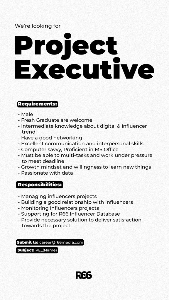 We are hiring ‼️

Langsung aja kirim CV &amp; Portofolio terbaru ke alamat tertera ya! 

Good luck💪🏻

#R66Media 
#Loker #LowonganKerja #LokerJakarta #ProjectExecutive #Jobs #JobVancancy #JobSearch