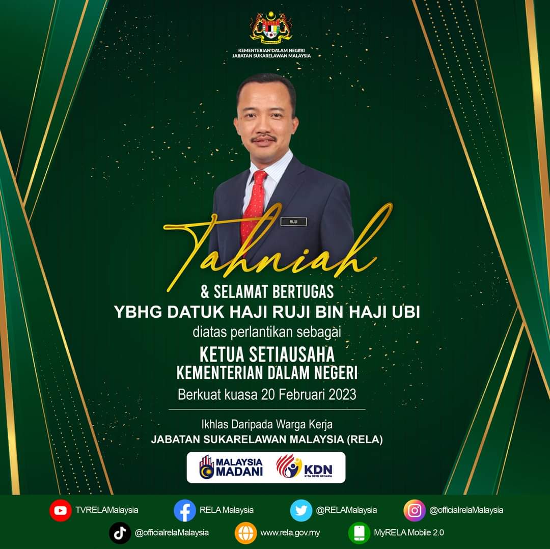 20 Feb 2023 | Isnin :

Ucapan tahniah &amp; selamat bertugas kpd Y.Bhg. Datuk Hj. Ruji Hj. Ubi yg memulakan tugas sbg Ketua Setiausaha KDN berkuat kuasa hari ini dr pengurusan tertinggi &amp; warga kerja RELA seluruh negara.
#SetiaBerbakti #kdn_madani #KeselamatanTanggungjawabBersama
