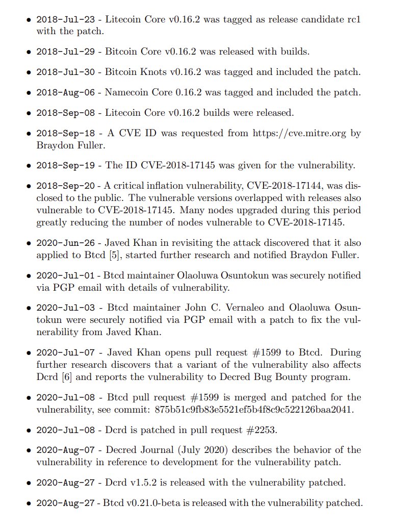 pcaversaccio's tweet image. Kinda crazy to me that Bitcoin maintainers &amp;amp; researchers can patch a security vulnerability and keep it secret for two years. I understand the reasoning behind this, but it implies that the development/disclosure process contains single points of failure. 
invdos.net/paper/CVE-2018…