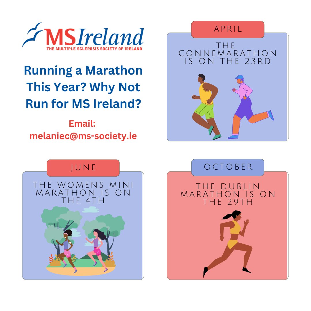 MSIRELAND's tweet photo. Planning on running a marathon in 2023?🏃‍♀️
Know who you are going to run for?🤷
Run for MS Ireland and help us raise essential funds for vital services in the MS Community in Ireland💙

For more info email melaniec@ms-society.ie

#womensminimarathon #connemarathon #dublinmarathon https://t.co/KyyNlmiaQg