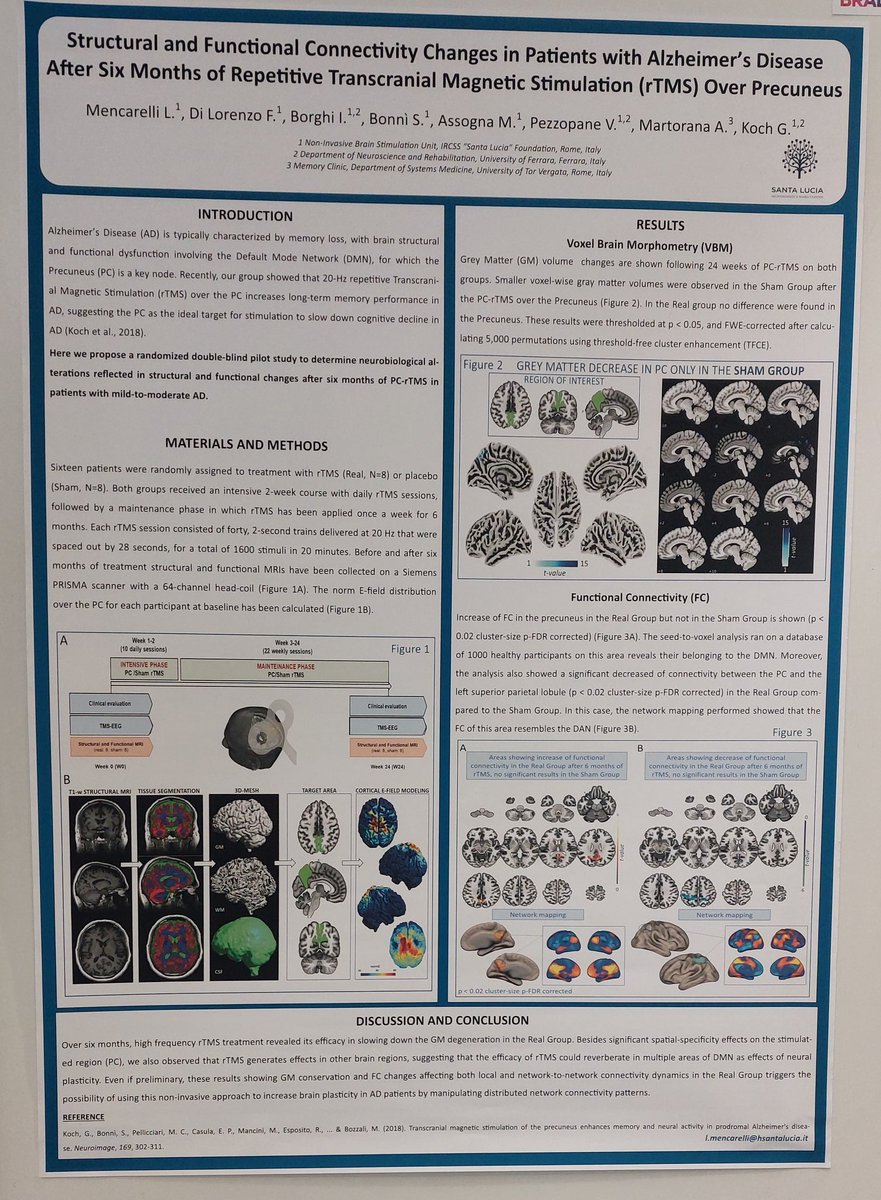 Stop by at the poster 1.073 to discuss with me about the functional and structural connectivity changes in Alzheimer's Disease after rTMS treatment 🧠
#BrainStimConf