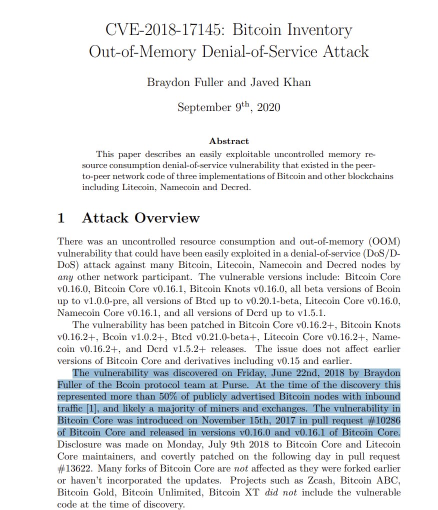 pcaversaccio's tweet image. Kinda crazy to me that Bitcoin maintainers &amp;amp; researchers can patch a security vulnerability and keep it secret for two years. I understand the reasoning behind this, but it implies that the development/disclosure process contains single points of failure. 
invdos.net/paper/CVE-2018…