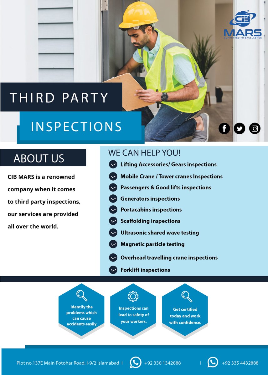 CibMars's tweet photo. CIB MARS is a leading inspection body in Pakistan, and Gulf countries. We provide all kind of third party inspections all over Pakistan, and Gulf Countries.

#pakistan #inspection #inspectionservices #inspections #forklift #overheadcranes #overheadcrane #UAE #thirdpartyinspection https://t.co/a91o8xVftT