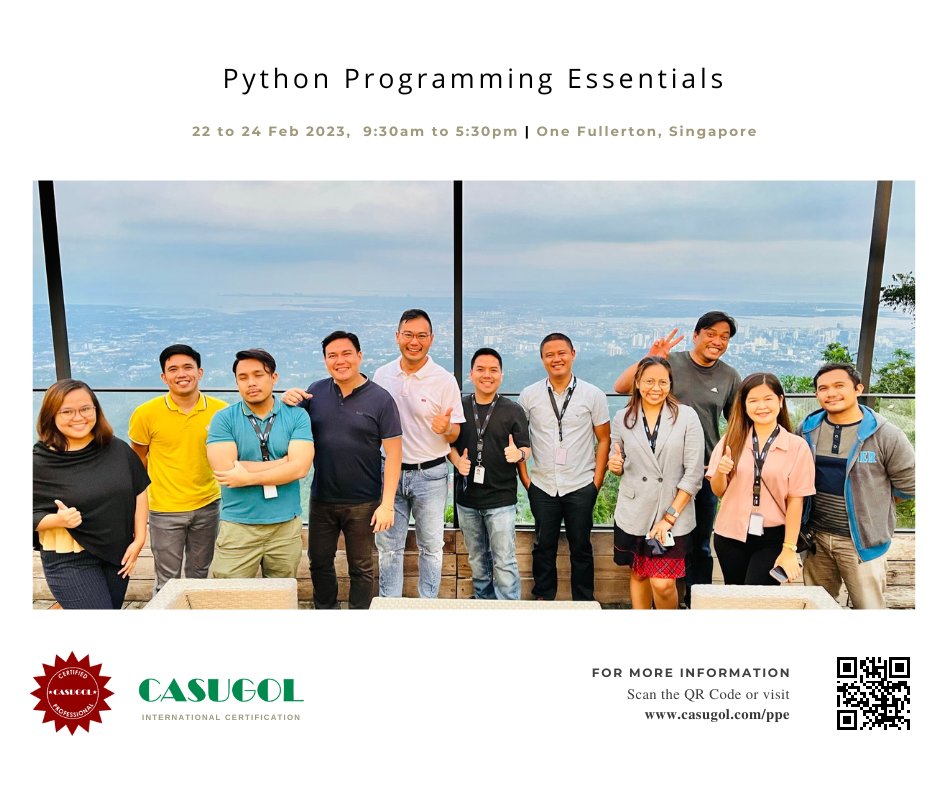 casugol's tweet image. Pleased to announce that Python Programming Essentials (PPE) on 22 to 24 Feb 2023, Onsite @ One Fullerton, Singapore is FULLY Booked. Enrol for the next batch early!
Learn more at casugol.com/ppe
#pythonprogramming #pythonbasic #casugol #educatingtheworld