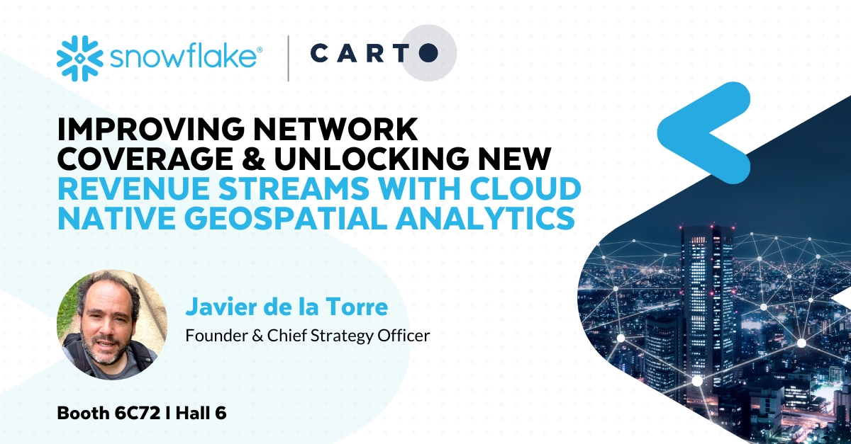 CARTO's tweet photo. Meet @jatorre, @jaime_sanchez_ &amp; the @CARTO team at #MWC Barcelona on February 27th.

Stop by Snowflake’s booth, 6C72 in Hall 6 to learn more about cloud-native #geospatial analytics.

#MWC23 https://t.co/JjofGjsSei