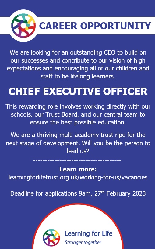 An exceptional opportunity to lead our Trust into the next stage of its development has become available. Please visit our website for further information learningforlifetrust.org.uk/working-for-us…
