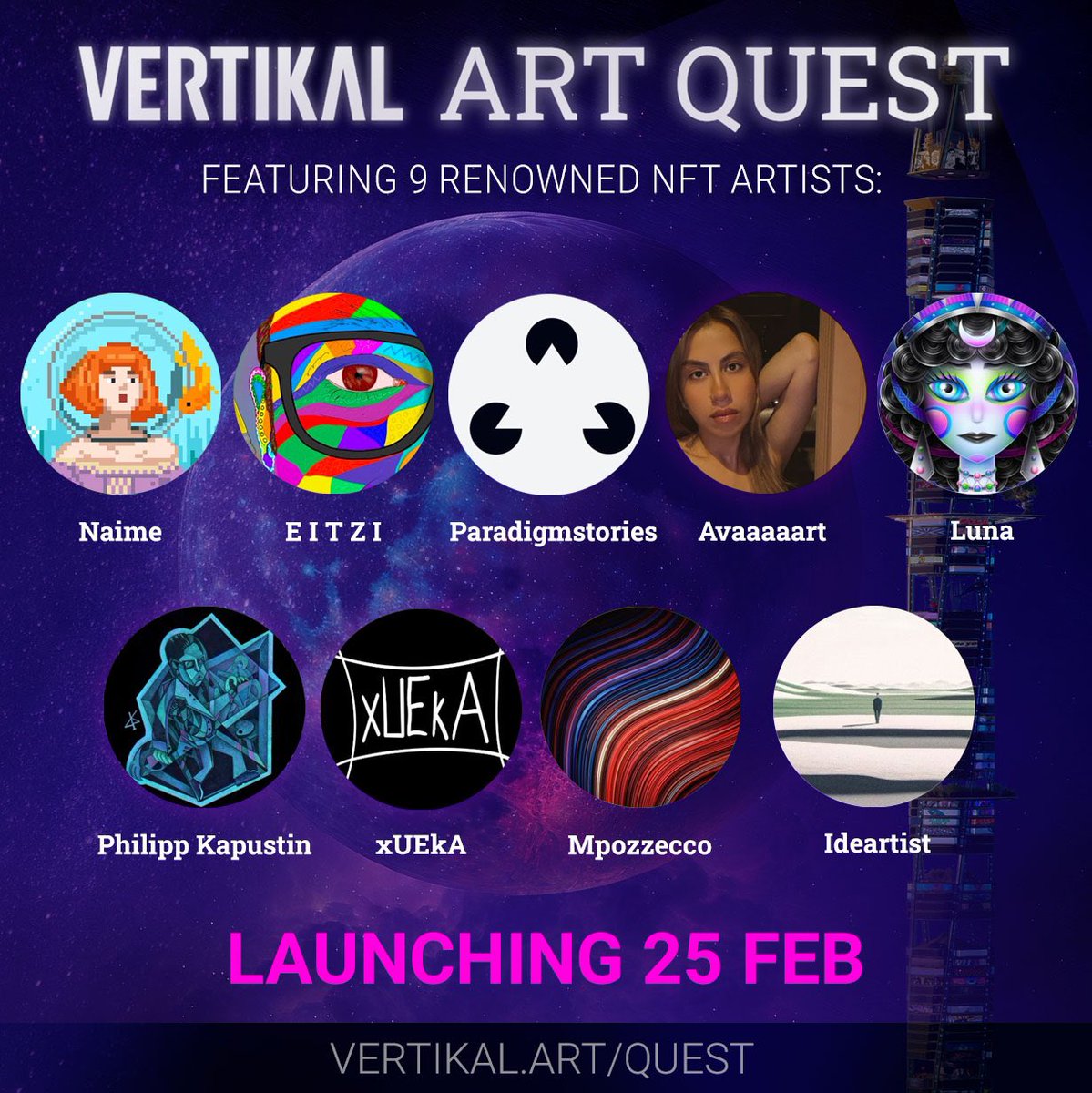 Hi friends!💎 I'm proud to be one of 9 artists collaborating with <a href="/VertikalMetavrs/">Vertikal Metaverse</a> for the VERTIKAL Art Quest. 

Get ready for the Mint site launch on Feb 25.
 
Save the date! 

#NFTcommunity #VertikalArtQuest #Freemint