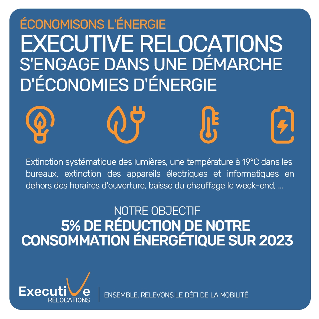 #Energie | Executive Relocations s'engage dans une démarche d'économies d'énergie. 🎯 Notre objectif : 5% de réduction de notre consommation énergétique sur 2023.

#EconomiesEnergie #RSE