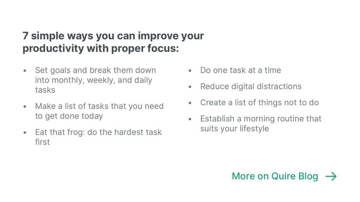 quire_io's tweet photo. Do you struggle with staying focused and getting things done? Learn how proper focus can help you achieve more in less time!💪
Check out our blog for 7 simple ways to boost your productivity by 10 Times🚀
https://t.co/fAz5U1bqXk
#QuireBlog #projectmanagement #productivity https://t.co/03BCkTjMEM