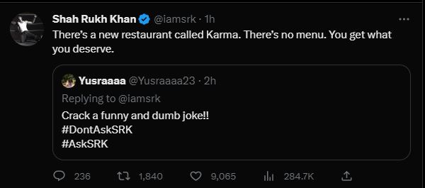 iamshawnkumar's tweet photo. a bad karma, a bad dish in ur plate of life...the king #ShahRukhKhan𓀠 @iamsrk always says the fact....#AskSRK #bestreply https://t.co/TkLgLBETqk