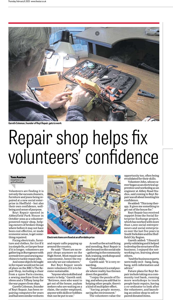 socentxchange's tweet photo. Fantastic coverage in the @SheffieldStar recently for @ReytRepair 🗞️

Gareth took part in the Social Enterprise Exchange's Accelerate workshops last year. 🔨🧰🔧

#socent #socialenterprise #Sheffield https://t.co/SvLzdtFsx0